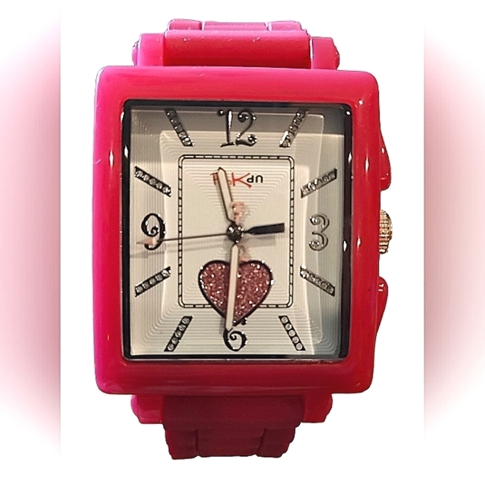 PinkUp Watch Pink Buckle Band Rectangular White Face WR 30M Sparkle Heart